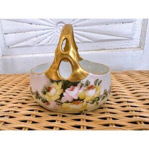 Antique 30's Austria Hand-Painted Floral Porcelain Basket With Gold Handle